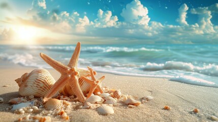 Fototapeta na wymiar Majestic Starfish and Shells on Sandy Beach