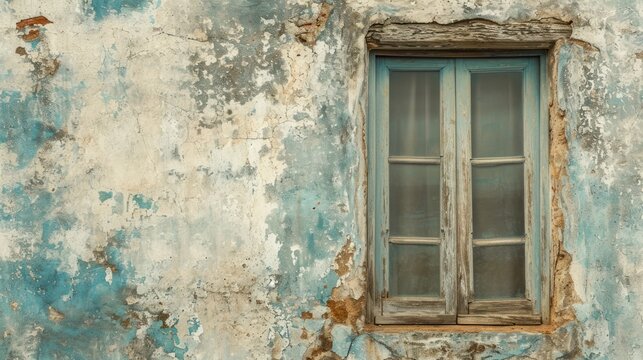  an old building with a broken window and peeling paint on the outside of the window and the inside of the window is blue and has peeling paint on the outside of the wall.