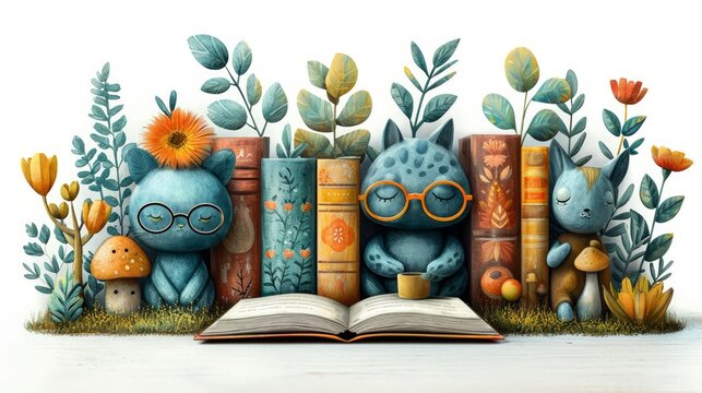 Open book with cute monsters, flowers and plants on white background. Generative AI