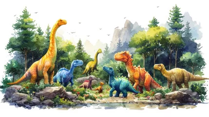 Gordijnen Watercolor dinosaurs in the forest. Illustration for your design. Generative AI © Alex