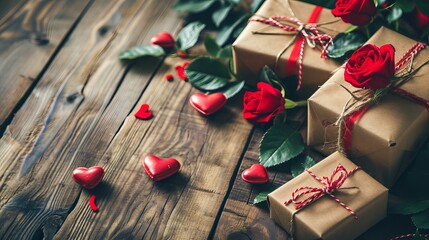 Roses, hearts and gifts on wooden background