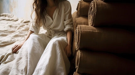 Young woman in white bathrobe sitting on bed with pillows. - obrazy, fototapety, plakaty