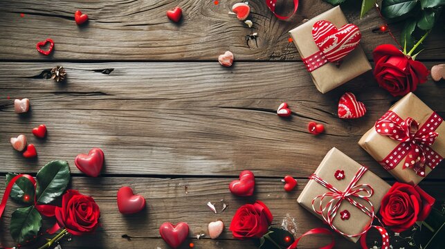 Roses, hearts and gifts on wooden background