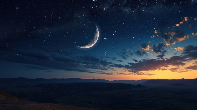  a view of a night sky with a crescent and a star in the middle of the sky with a mountain range in the foreground and a full moon in the distance.