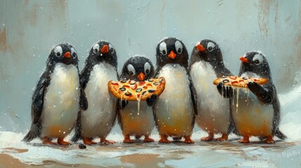 Penguins with pizza on a wooden background. Digital painting. Generative AI