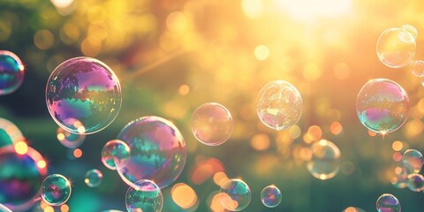 Abstract beautiful transparent soap bubbles floating on sunset background, romantic outdoor park backgrounds.
