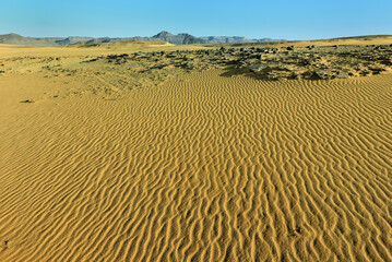 DESERT LANDSCAPE IN THE SAHARA DESERT IN ALGERIA WITH SAND DUNES AND SAND PATTERNS. 