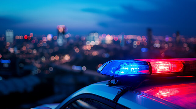 Blue and red light flasher atop of a police car. City lights on the background.