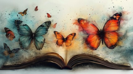 Beautiful butterflies fly out of an open book. Colorful background. Generative AI