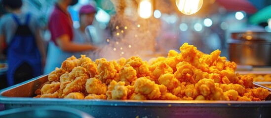 At Raohe Street Night Market in Taipei, a vendor sells popular crispy Popcorn Chicken, a local street-food loved by Taiwanese and tourists. - obrazy, fototapety, plakaty