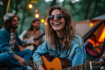 summer party camping of friends group with guitar music, happy young woman and smiling man having fun in vacation holiday, nature outdoors travel of friendship lifestyle together, bar-b-q party time - obrazy, fototapety, plakaty