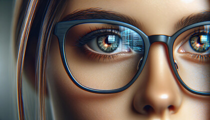 Close up of woman's eye, who is wearing modern eyeglasses with the reflection of a computer screen in the lenses