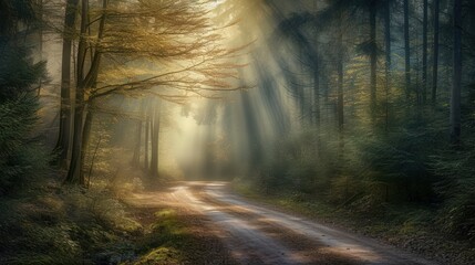  a dirt road in the middle of a forest with sunbeams shining through the trees on either side of the road is a dirt road surrounded by tall trees.