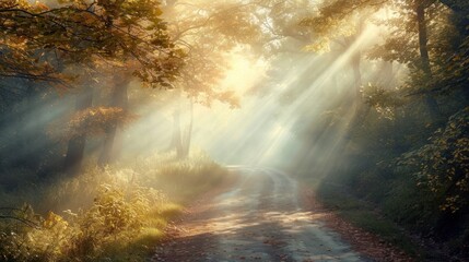 Fototapeta premium a dirt road in the middle of a forest with sunbeams shining through the trees on either side of the road is a dirt road with leaves and grass on both sides.