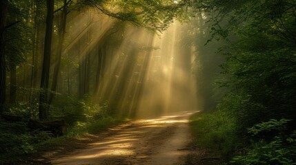  a dirt road in the middle of a forest with sunbeams shining through the trees on either side of the road is a dirt path with a bench on the other side.