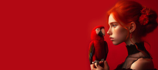 Portrait of a girl in red with a parrot on a red background.