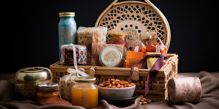 Seasonal gift box with cup, tea or coffee package with cookies, special gift hamper of dry fruits for ramdan and evy festival, gift hamper on the dark background with dry fruits
