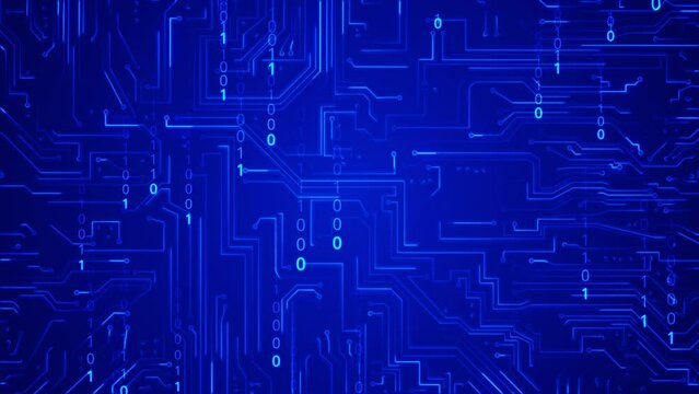 Circuit board connection and falling down binary code on blue background. Digital rain of binary numbers. Numbers flowing between lines. Moving electrons on motherboard. Internet technology concept. 