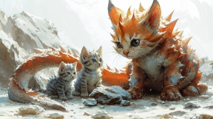 Three kittens in the snow. Digital painting. 3D illustration. Generative AI