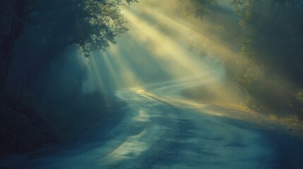 the sun shines through the trees on a road in the middle of a wooded area with a dirt road in the foreground and trees on the other side of the road.