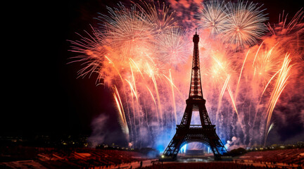 The eiffel tower in Paris, France silhouetted against celebration fireworks