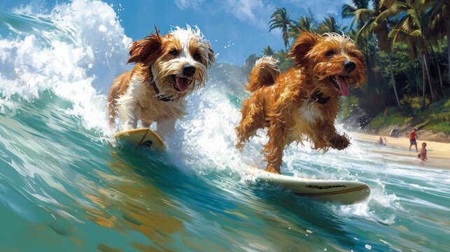 Two dogs playing on a surfboard in the ocean. Conceptual image Generative AI