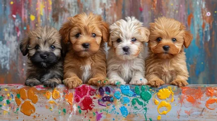 Tuinposter Group of cute puppies on a grunge background. Studio shot. Generative AI © Alex