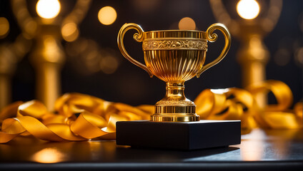 Golden winner cup on dark background shiny