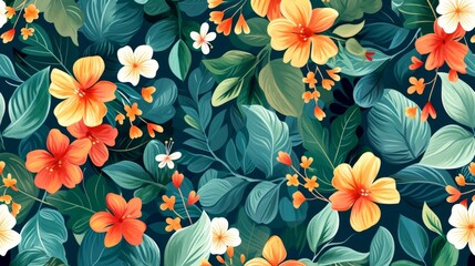 Orange Floral Pattern with Green Leaves