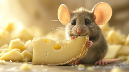 Fototapeta premium a mouse eating a piece of cheese with it's mouth open and it's eyes wide open, with cheese scattered all around it, and on the floor.