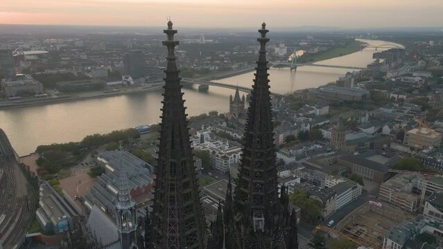 Cologne Cathedral (dome) skyline aerial view drone footage of city koeln germany panoramic view at sunset. Cologne skyline germany.