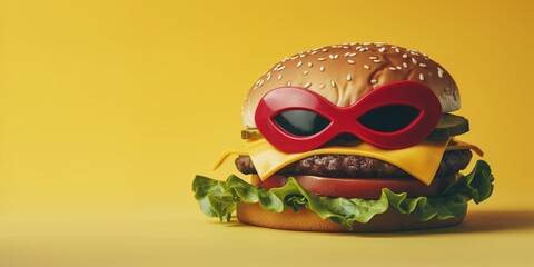 Hamburger with sunglasses on yellow background