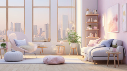 living room interior mock up, modern furniture in pastel colors, luxury sofa inside. Generative Ai