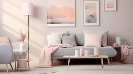 Fototapeta na wymiar living room interior mock up, modern furniture in pastel colors, luxury sofa inside. Generative Ai