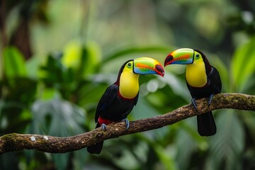 Toucan sitting on the branch in the forest, green vegetation, Costa Rica. Nature travel in central America. Two Keel-billed Toucan, Ramphastos sulfuratus, pair of bird with big bill. Wildlife