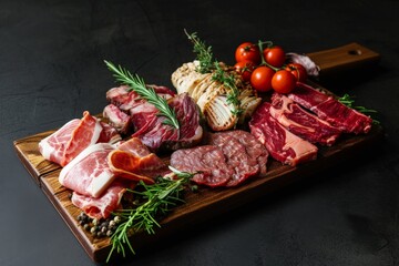 Fresh Meat and Veg on Wooden Board