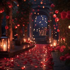 Warm and cozy outdoor setting complete with a pathway covered in luxurious red rose petals. Generative AI