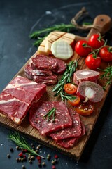 Fresh Meat and Veggies on Wood Board