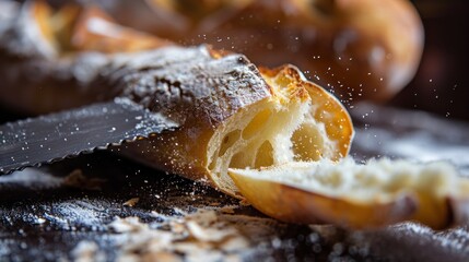  a close up of a piece of bread with powdered sugar on it and a knife sticking out of the side of the bread that has a bite taken out of it. - obrazy, fototapety, plakaty