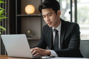 Professional Asian Businessman Working on Laptop. Generative AI.