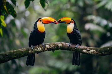 Two toucan tropical bird sitting on a tree branch in natural wildlife environment in rainforest jungle.