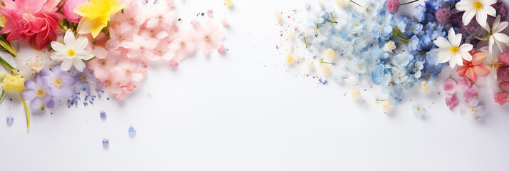 Beautiful light banner background with spring delicate pink, blue, purple flowers hyacinth, daffodil with space for text - obrazy, fototapety, plakaty