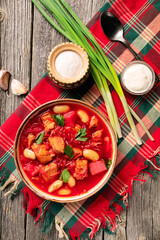 traditional Ukrainian borscht or red soup in the bowl