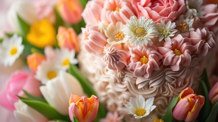  a close up of a bouquet of flowers with pink, white, yellow, and pink flowers in the middle of the bouquet, with green stems and yellow and white flowers in the middle.