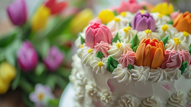  a close up of a cake on a plate with flowers in the background and a blurry image of tulips in the foreground and a blurry background.
