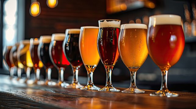 Assorted Beer Glasses Lined on Bar Counter