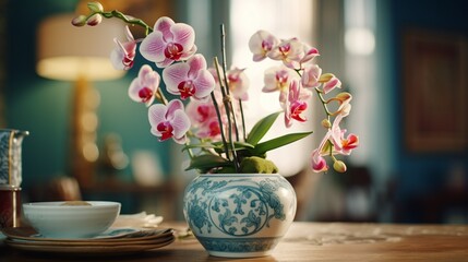 Vase with charming orchid flowers on the table