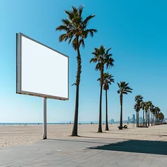 Deurstickers White frame billboard on a beach boardwalk with palm trees, sand, and a clear blue sky © simo