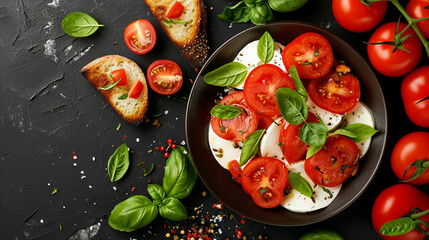 caprese salad and tomato bruschetta on black background, top view. Ai Generative