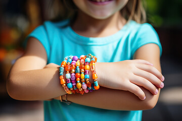 A bracelet made of colorful beads in the hand of a little girl. Generated by artificial intelligence - obrazy, fototapety, plakaty